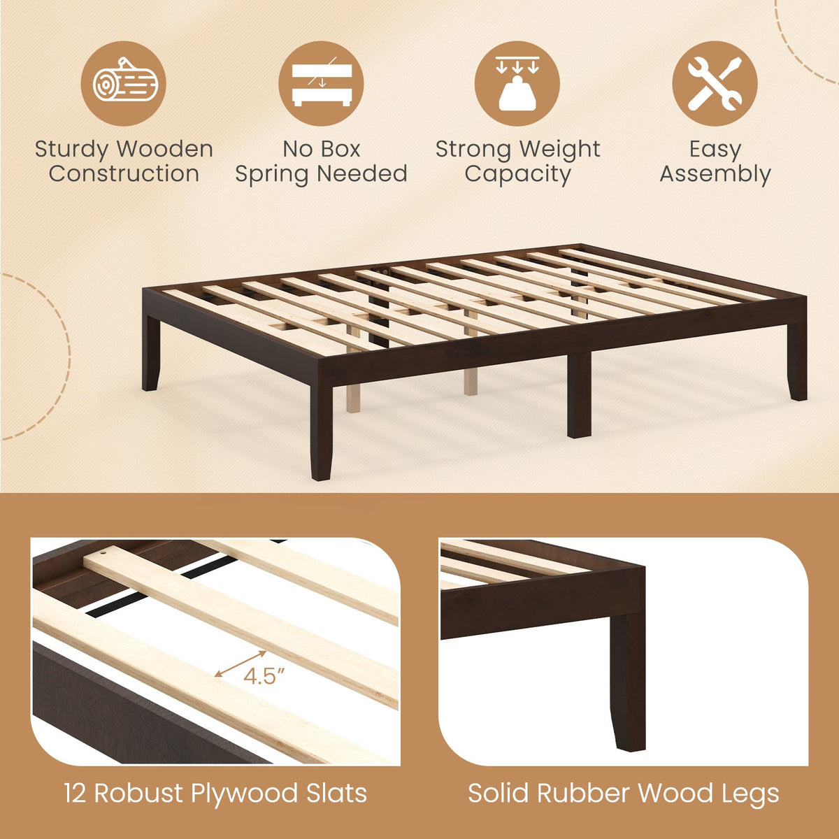 Full Wood Bed Frame with Wooden Slats Support and Rubber Wood Legs-Simple Bed Frame-DECOROLALA