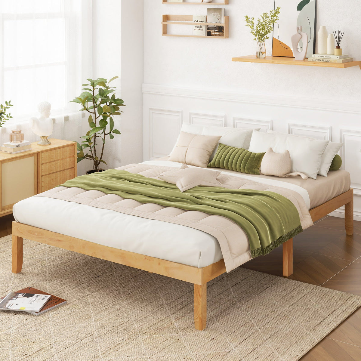 Full Wood Bed Frame with Wooden Slats Support and Rubber Wood Legs-Simple Bed Frame-DECOROLALA