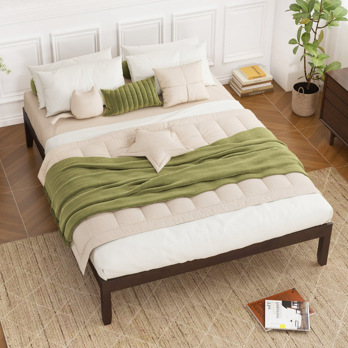 Full Wood Bed Frame with Wooden Slats Support and Rubber Wood Legs-Simple Bed Frame-DECOROLALA