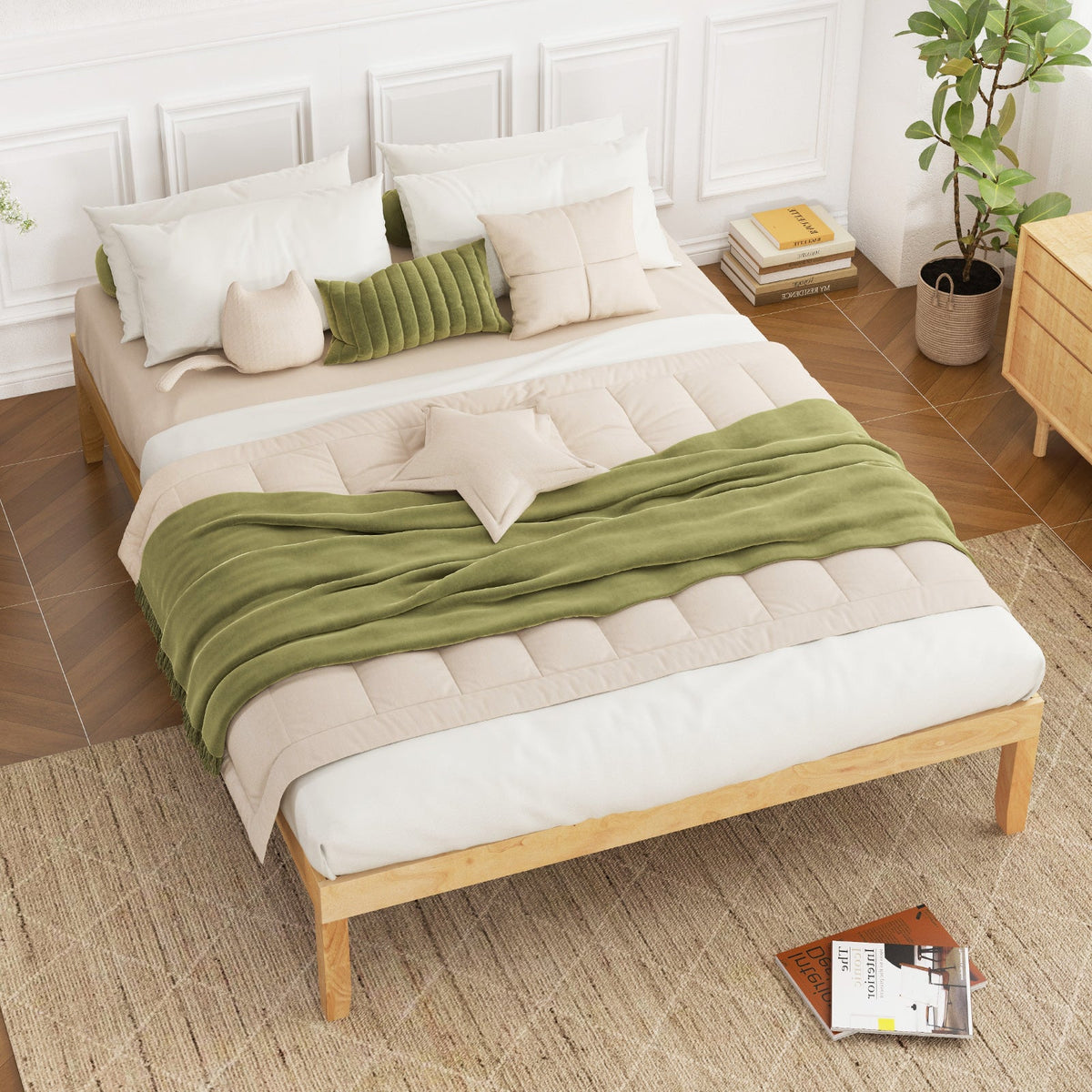 Full Wood Bed Frame with Wooden Slats Support and Rubber Wood Legs-Simple Bed Frame-DECOROLALA