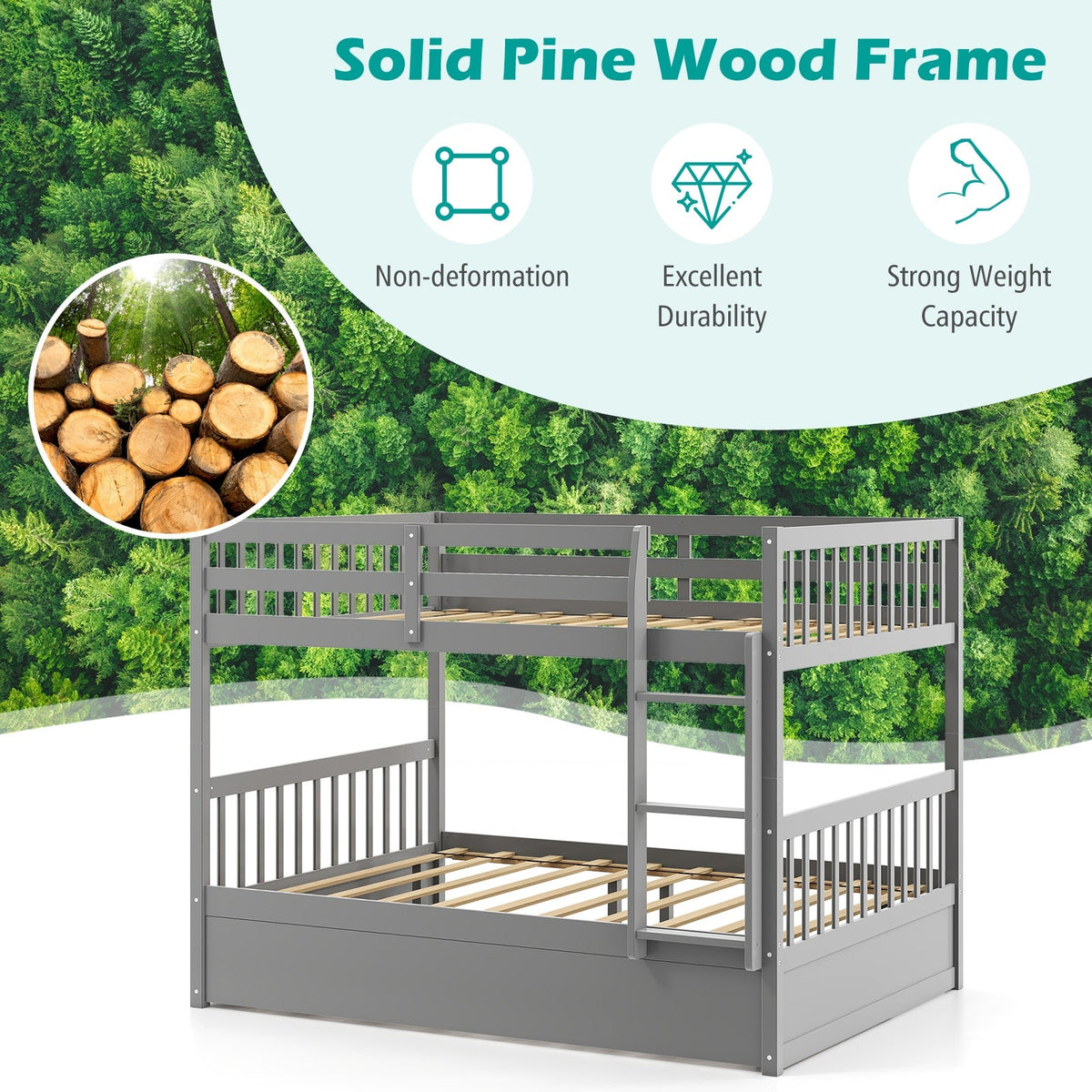 Full over Full Bunk Bed Platform Wood Bed with Ladder-Bunk Bed Frame-DECOROLALA