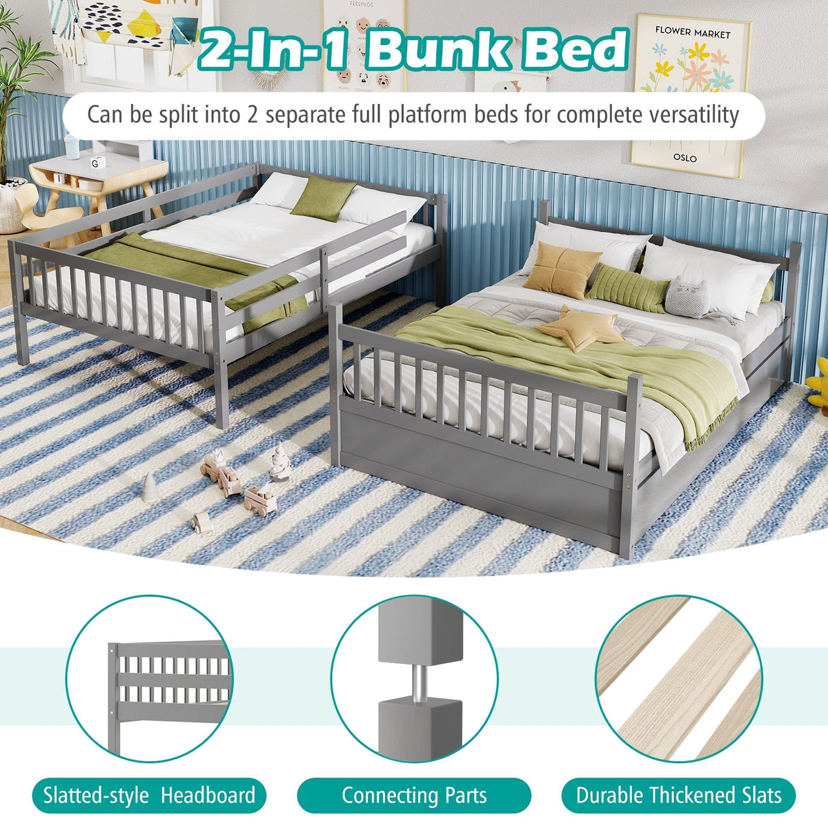 Full over Full Bunk Bed Platform Wood Bed with Ladder-Bunk Bed Frame-DECOROLALA