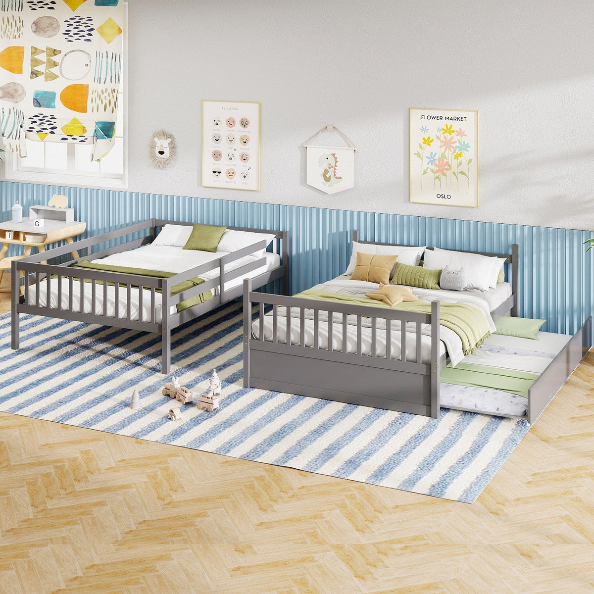 Full over Full Bunk Bed Platform Wood Bed with Ladder-Bunk Bed Frame-DECOROLALA