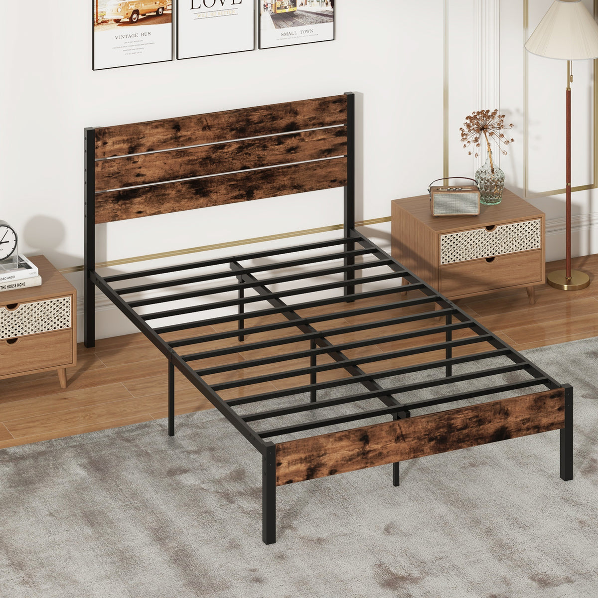 Full/King/Queen/Twin Size Bed Frame with High Headboard and Mute Bar-Full Size-Simple Bed Frame-DECOROLALA