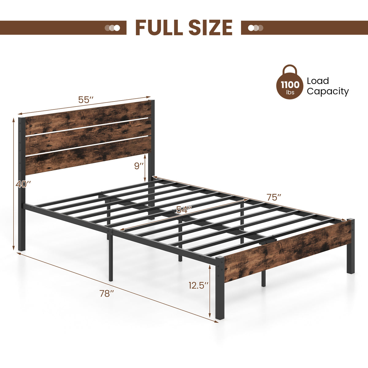 Full/King/Queen/Twin Size Bed Frame with High Headboard and Mute Bar-Full Size-Simple Bed Frame-DECOROLALA