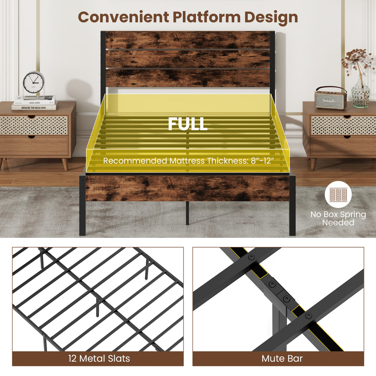 Full/King/Queen/Twin Size Bed Frame with High Headboard and Mute Bar-Full Size-Simple Bed Frame-DECOROLALA