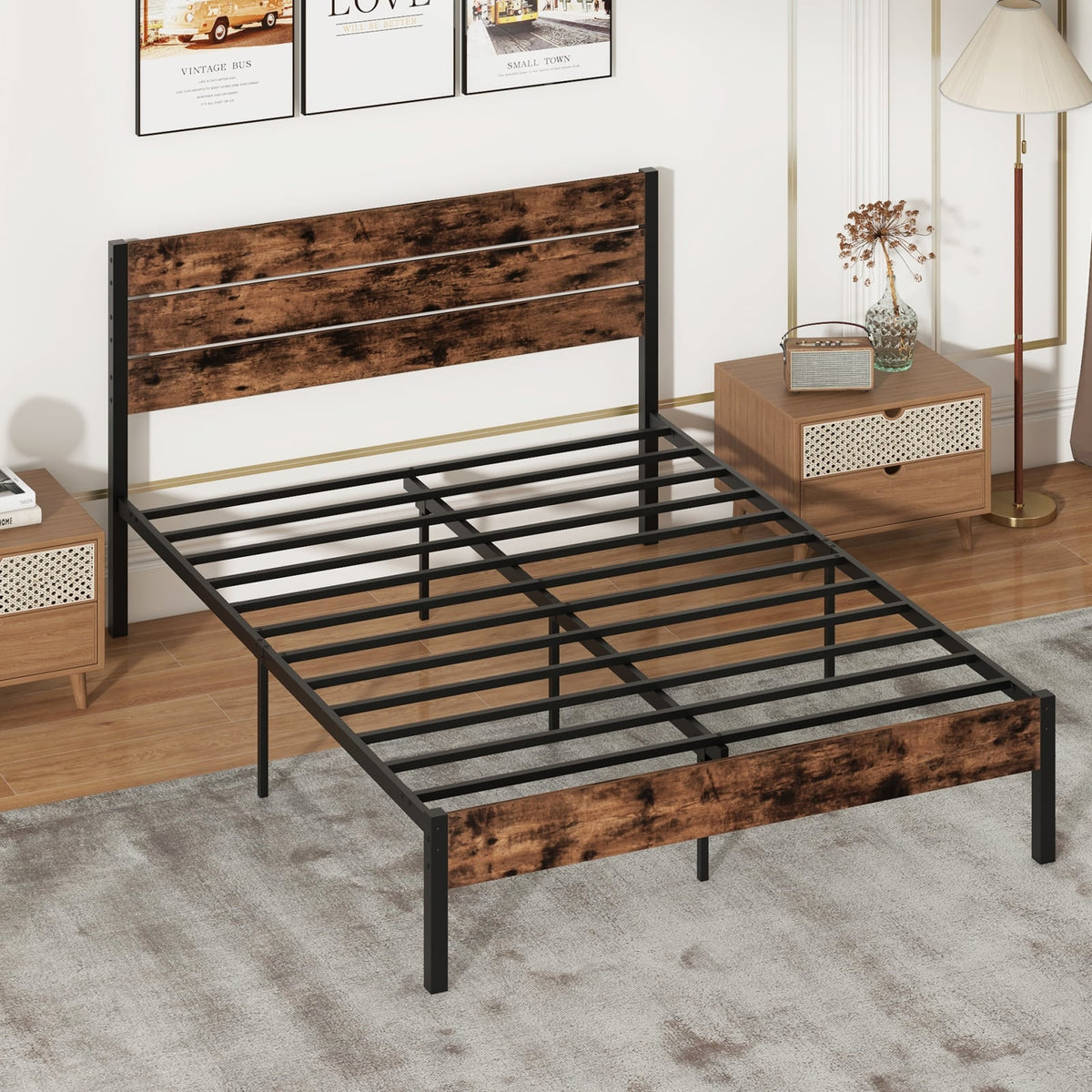 Full/King/Queen/Twin Size Bed Frame with High Headboard and Mute Bar-Queen Size-Simple Bed Frame-DECOROLALA