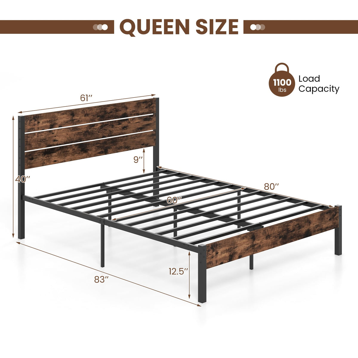 Full/King/Queen/Twin Size Bed Frame with High Headboard and Mute Bar-Queen Size-Simple Bed Frame-DECOROLALA