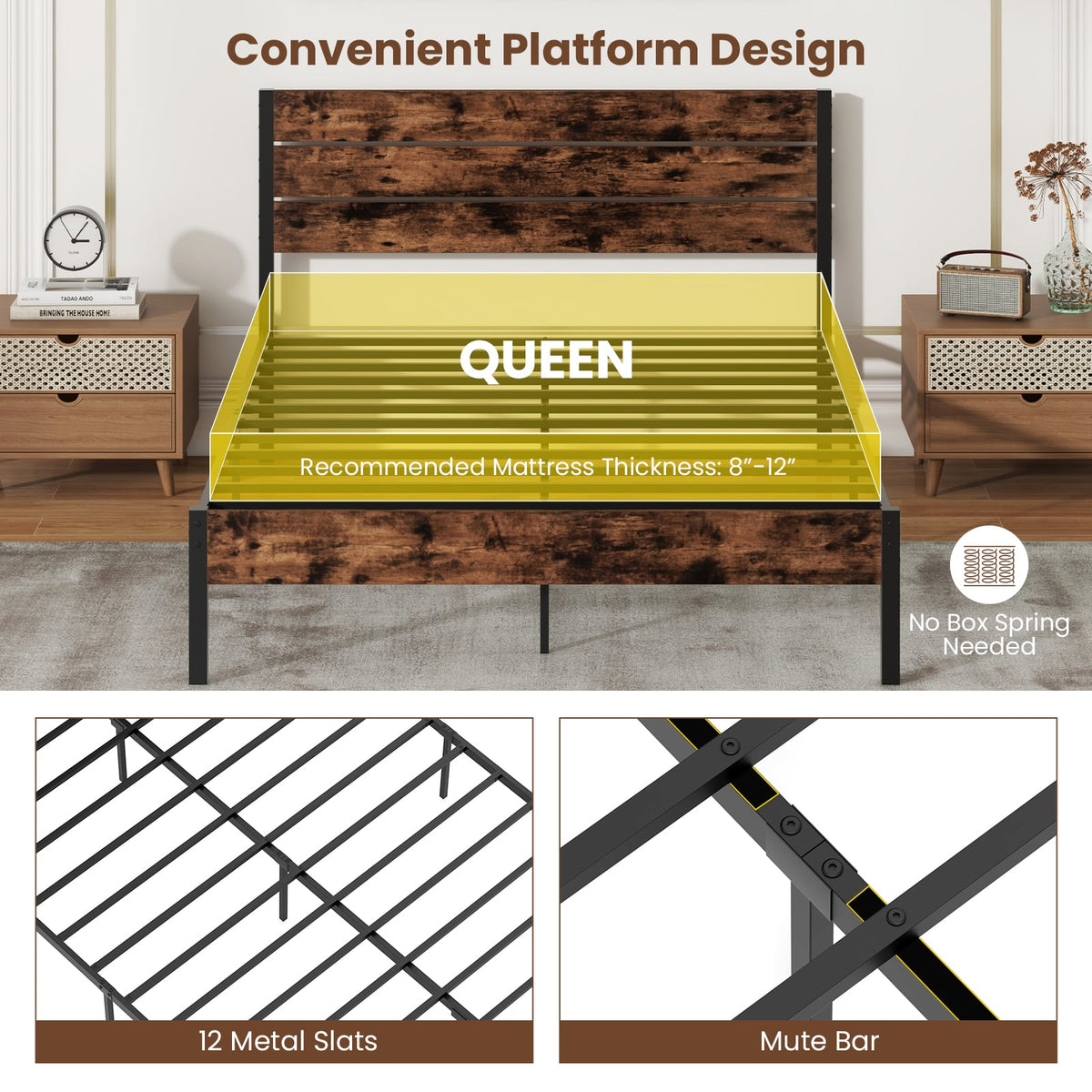 Full/King/Queen/Twin Size Bed Frame with High Headboard and Mute Bar-Queen Size-Simple Bed Frame-DECOROLALA