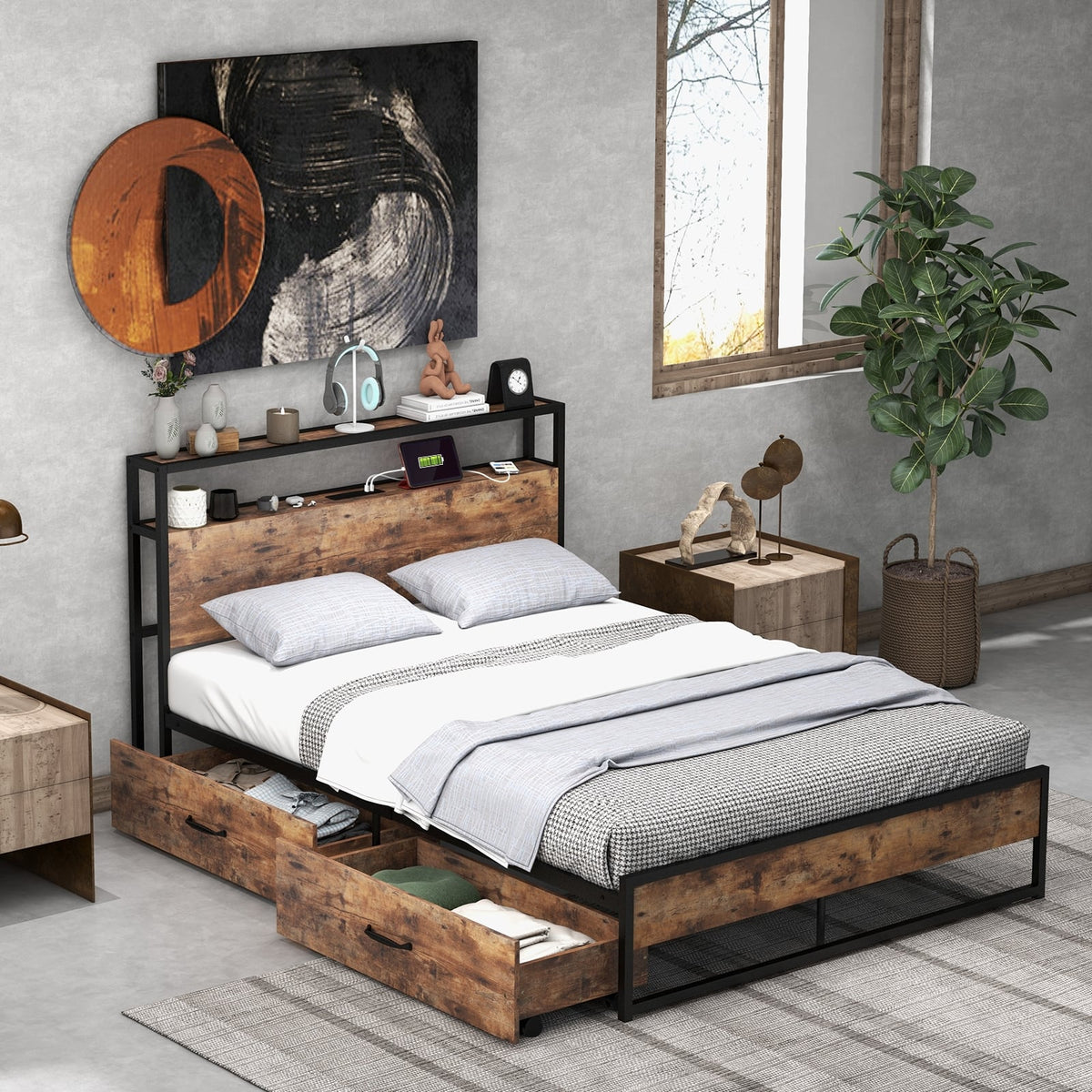 Full/Queen Bed Frame with 2-Tier Storage Headboard and Charging Station-Full Size-Simple Bed Frame-DECOROLALA