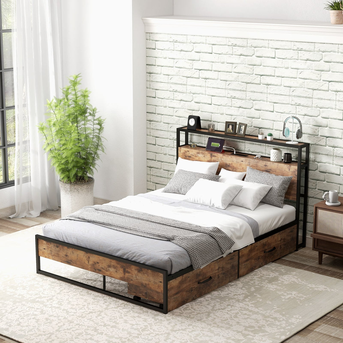 Full/Queen Bed Frame with 2-Tier Storage Headboard and Charging Station-Full Size-Simple Bed Frame-DECOROLALA