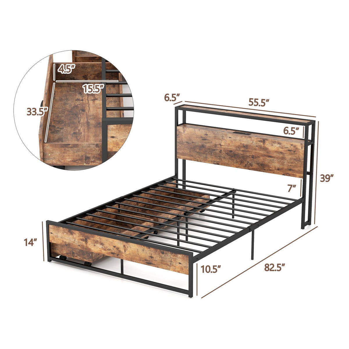Full/Queen Bed Frame with 2-Tier Storage Headboard and Charging Station-Full Size-Simple Bed Frame-DECOROLALA
