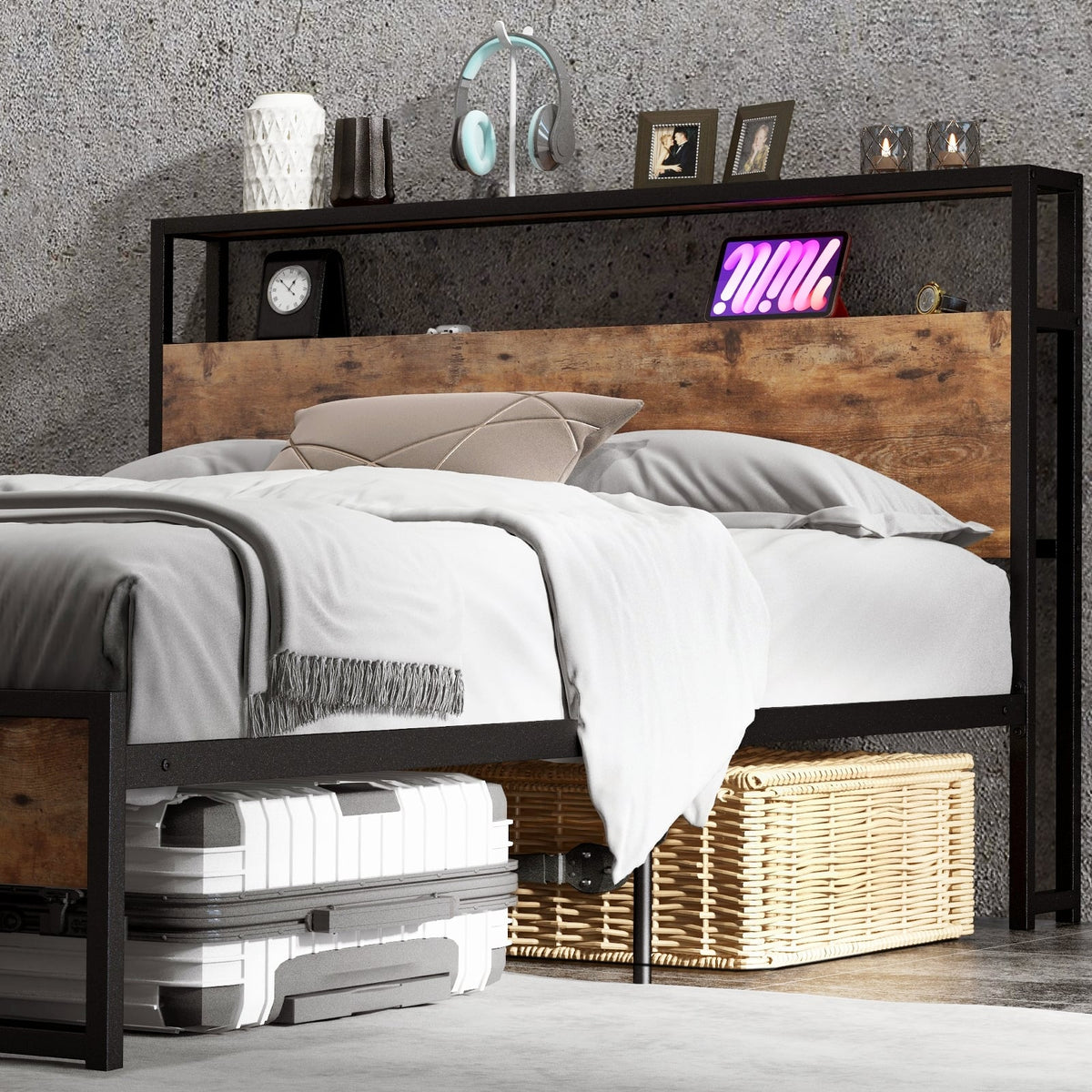 Full/Queen Bed Frame with 2-Tier Storage Headboard and Charging Station-Full Size-Simple Bed Frame-DECOROLALA