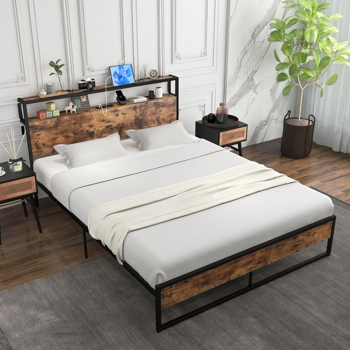 Full/Queen Bed Frame with 2-Tier Storage Headboard and Charging Station-Queen Size-Simple Bed Frame-DECOROLALA