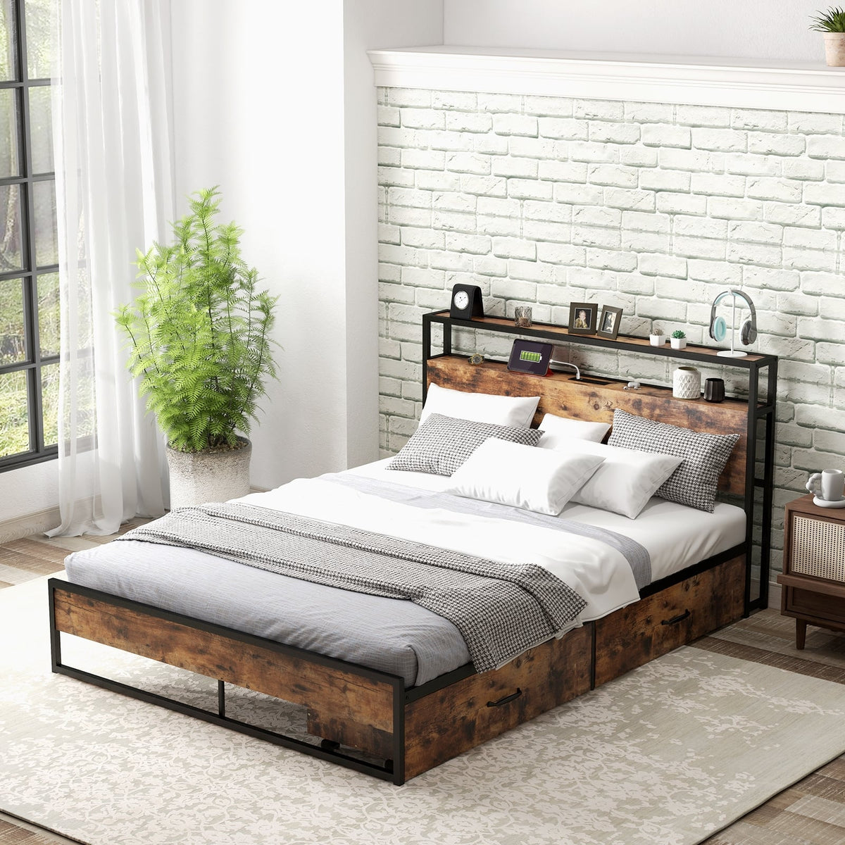 Full/Queen Bed Frame with 2-Tier Storage Headboard and Charging Station-Queen Size-Simple Bed Frame-DECOROLALA