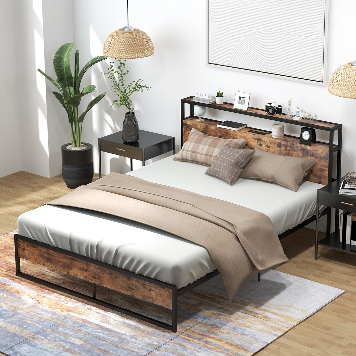 Full/Queen Bed Frame with 2-Tier Storage Headboard and Charging Station-Queen Size-Simple Bed Frame-DECOROLALA