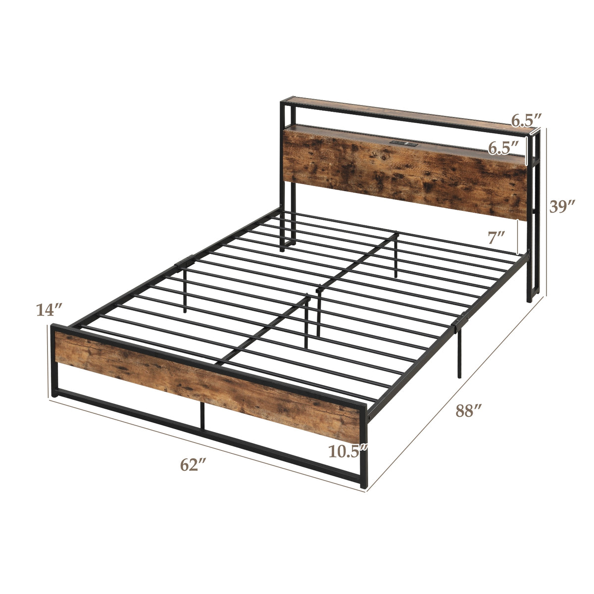 Full/Queen Bed Frame with 2-Tier Storage Headboard and Charging Station-Queen Size-Simple Bed Frame-DECOROLALA