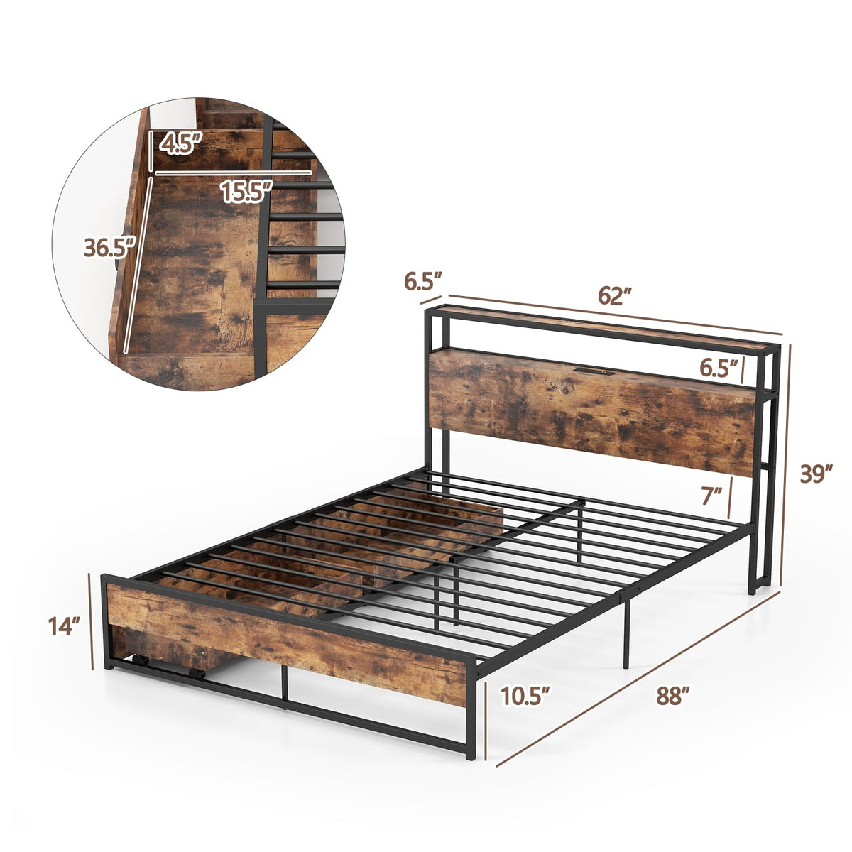 Full/Queen Bed Frame with 2-Tier Storage Headboard and Charging Station-Queen Size-Simple Bed Frame-DECOROLALA