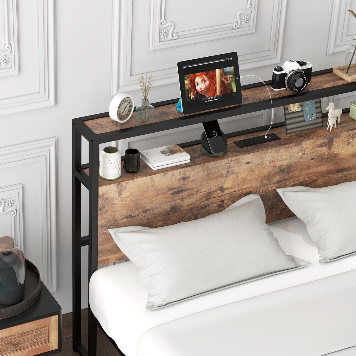 Full/Queen Bed Frame with 2-Tier Storage Headboard and Charging Station-Queen Size-Simple Bed Frame-DECOROLALA
