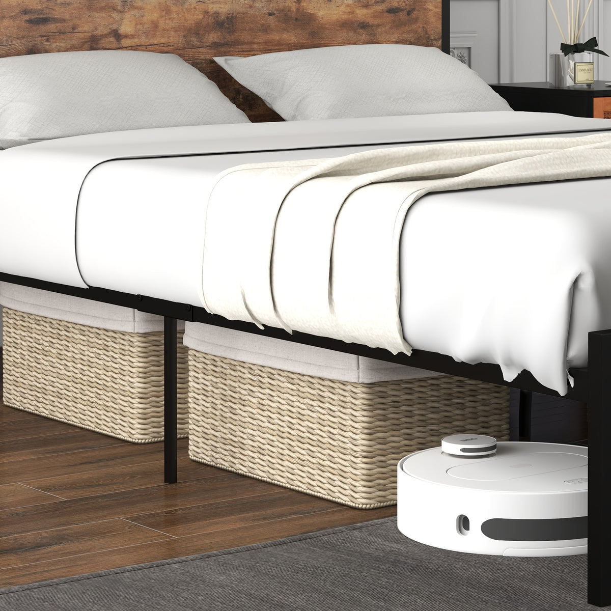Full/Queen Bed Frame with 2-Tier Storage Headboard and Charging Station-Queen Size-Simple Bed Frame-DECOROLALA