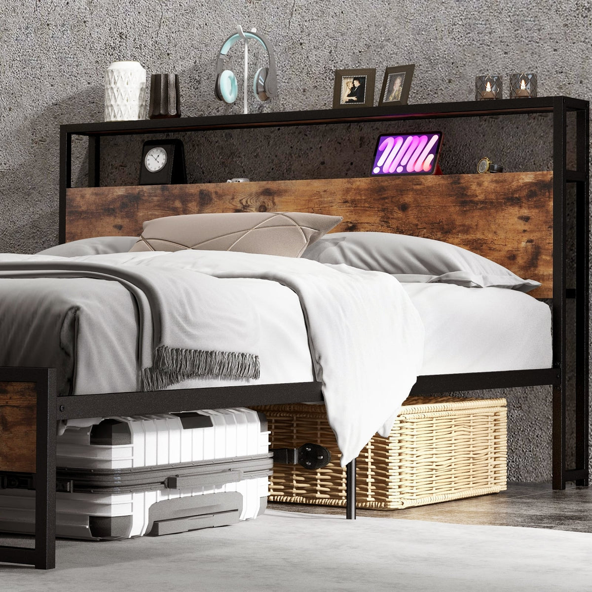 Full/Queen Bed Frame with 2-Tier Storage Headboard and Charging Station-Queen Size-Simple Bed Frame-DECOROLALA