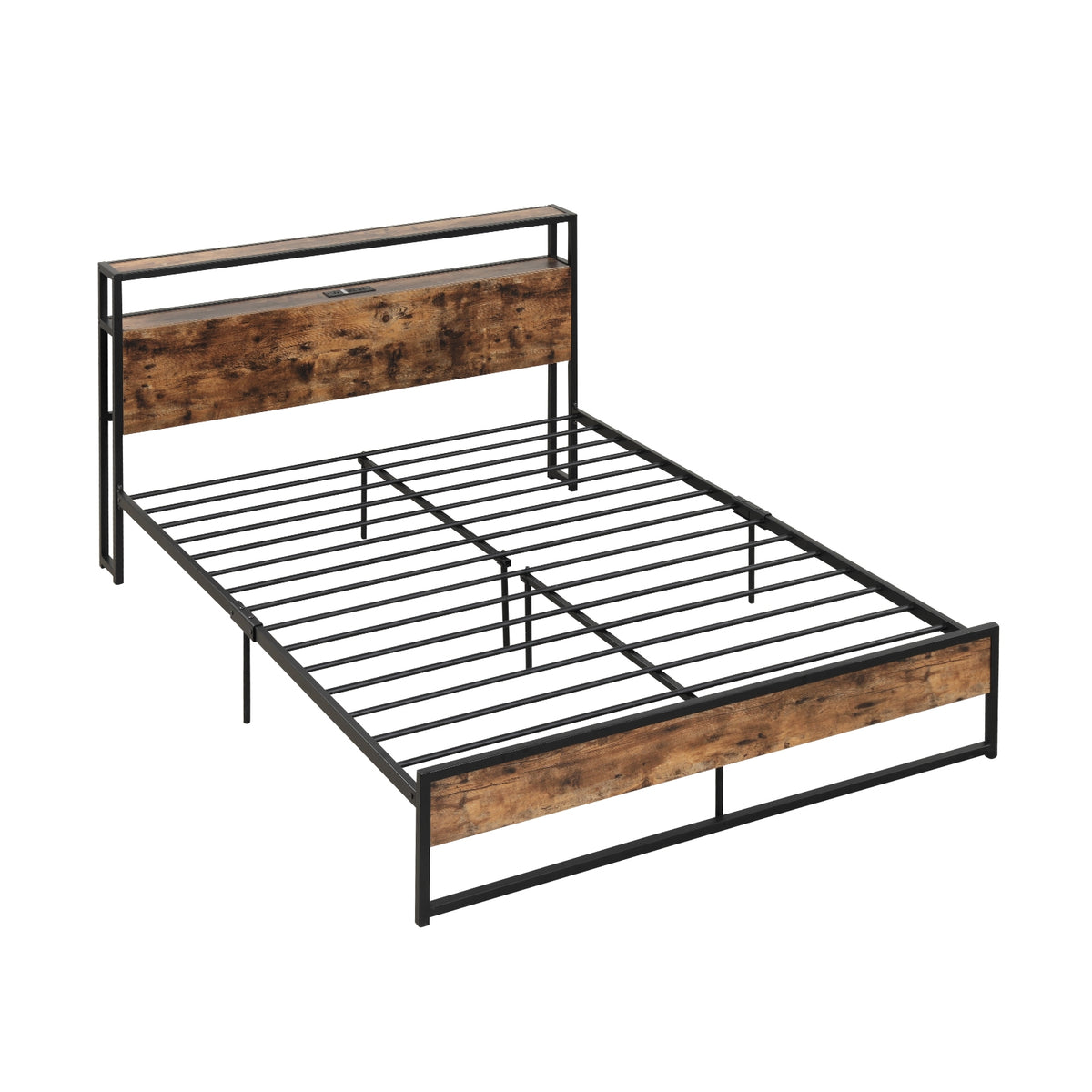 Full/Queen Bed Frame with 2-Tier Storage Headboard and Charging Station-Queen Size-Simple Bed Frame-DECOROLALA