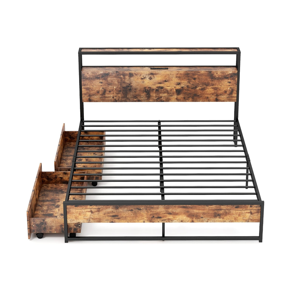 Full/Queen Bed Frame with 2-Tier Storage Headboard and Charging Station-Queen Size-Simple Bed Frame-DECOROLALA