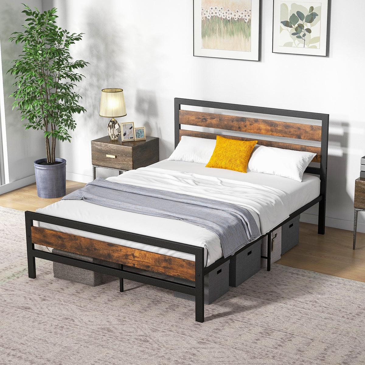 Full/Queen Industrial Bed Frame with Rustic Headboard and Footboard-Full Size-Simple Bed Frame-DECOROLALA