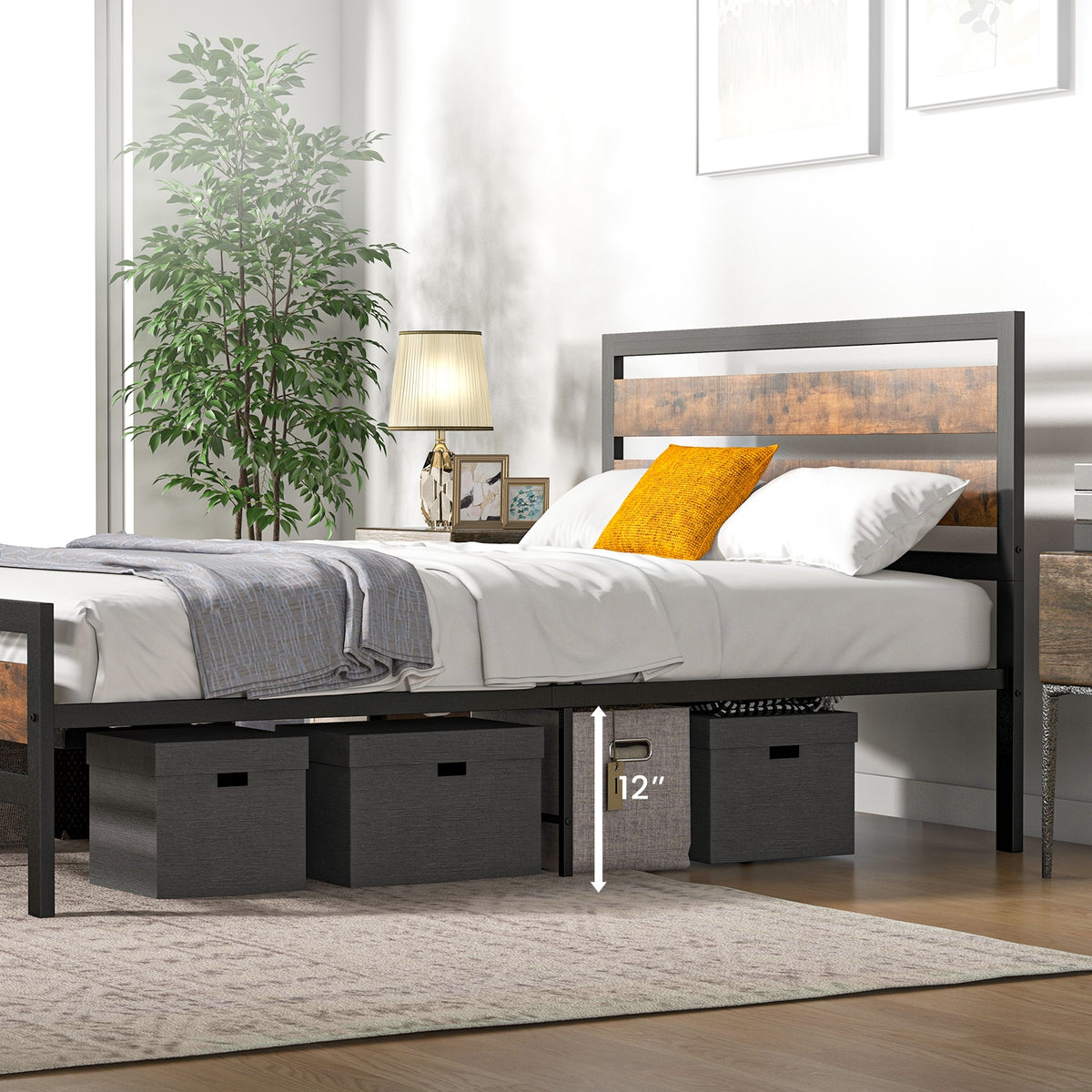 Full/Queen Industrial Bed Frame with Rustic Headboard and Footboard-Full Size-Simple Bed Frame-DECOROLALA