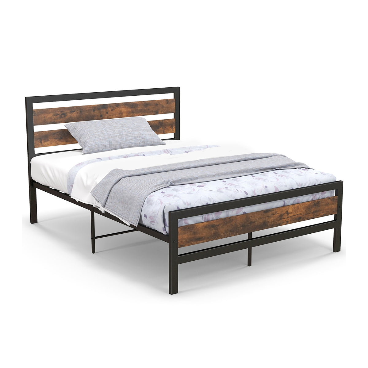 Full/Queen Industrial Bed Frame with Rustic Headboard and Footboard-Full Size-Simple Bed Frame-DECOROLALA