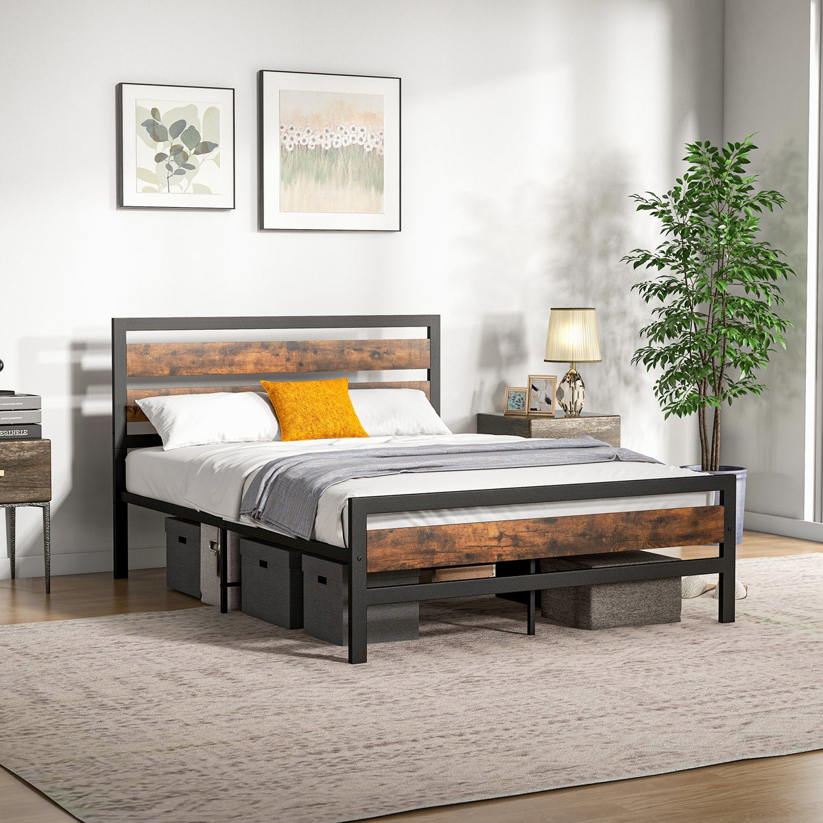 Full/Queen Industrial Bed Frame with Rustic Headboard and Footboard-Full Size-Simple Bed Frame-DECOROLALA