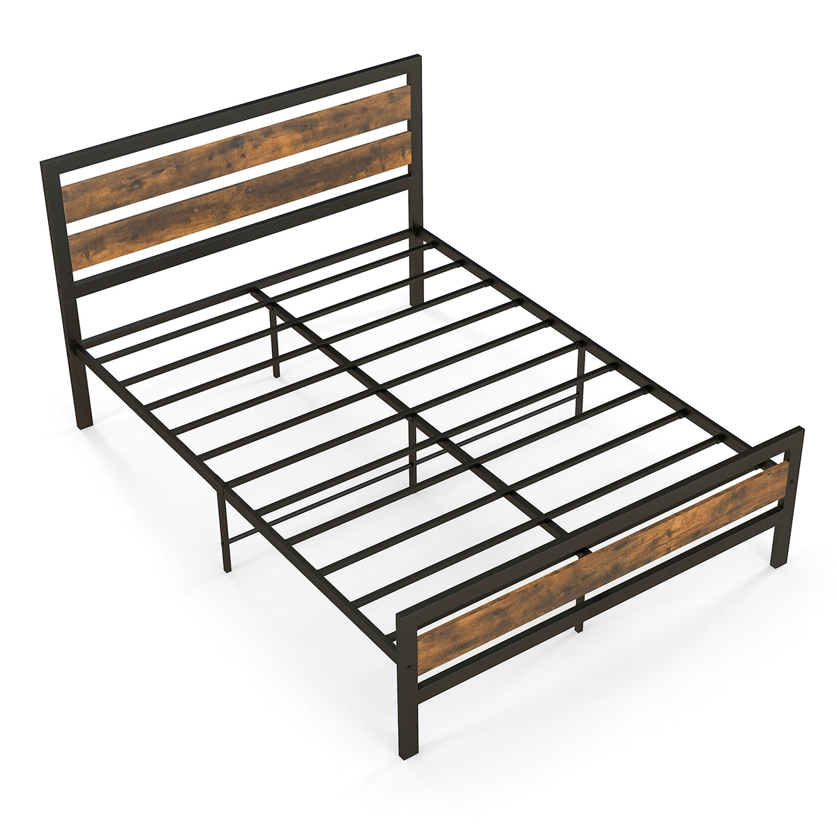 Full/Queen Industrial Bed Frame with Rustic Headboard and Footboard-Full Size-Simple Bed Frame-DECOROLALA