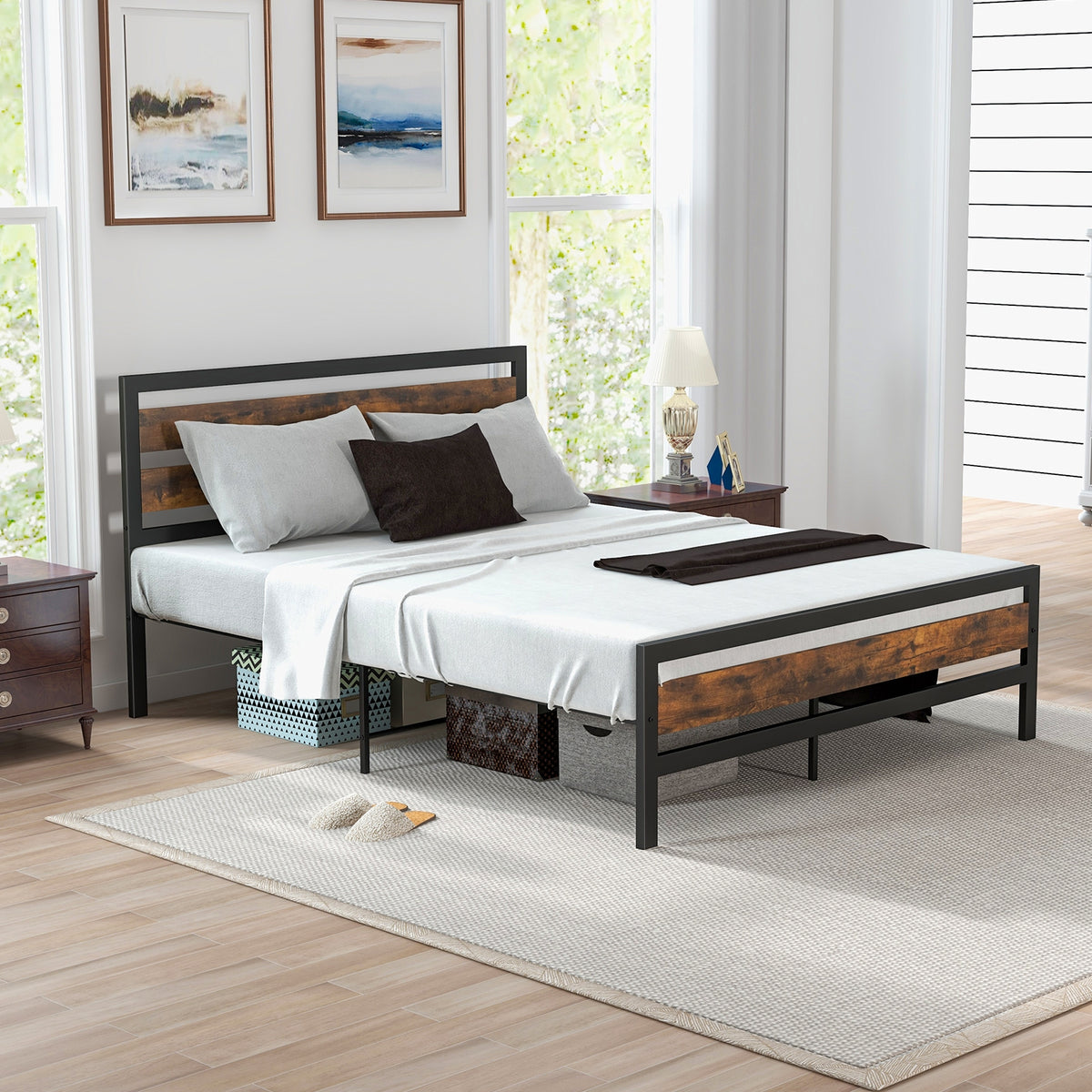 Full/Queen Industrial Bed Frame with Rustic Headboard and Footboard-Queen Size-Simple Bed Frame-DECOROLALA