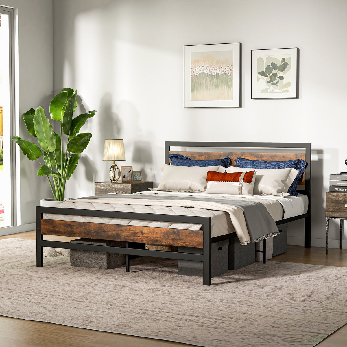 Full/Queen Industrial Bed Frame with Rustic Headboard and Footboard-Queen Size-Simple Bed Frame-DECOROLALA
