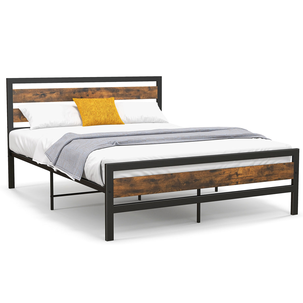 Full/Queen Industrial Bed Frame with Rustic Headboard and Footboard-Queen Size-Simple Bed Frame-DECOROLALA