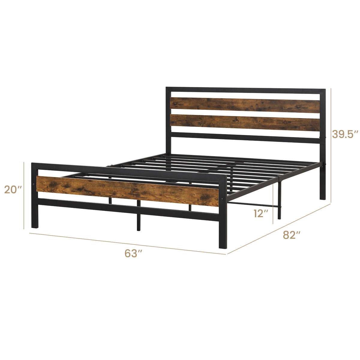 Full/Queen Industrial Bed Frame with Rustic Headboard and Footboard-Queen Size-Simple Bed Frame-DECOROLALA
