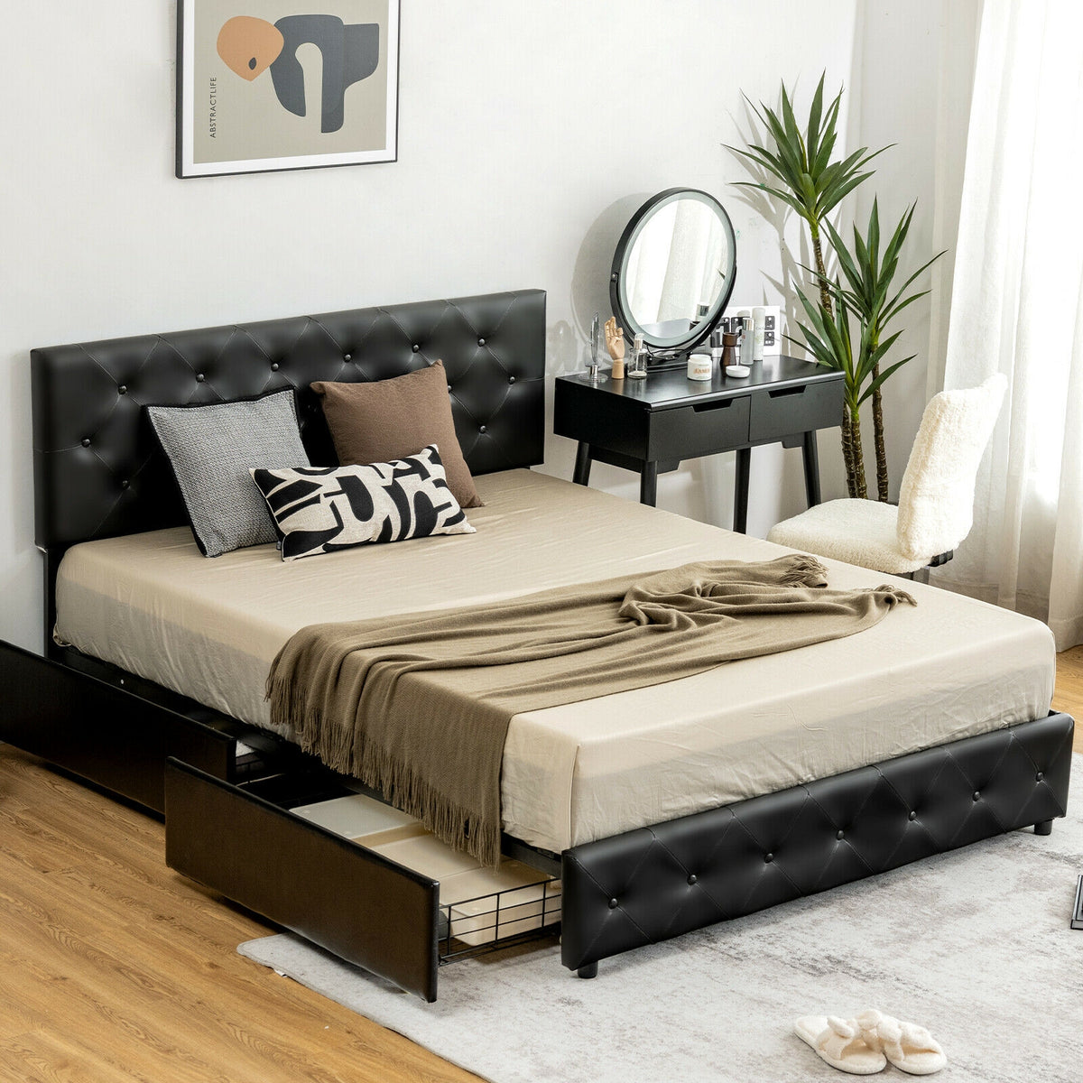 Full/Queen PU Leather Upholstered Platform Bed with 4 Drawers-Full Size-Simple Bed Frame-DECOROLALA
