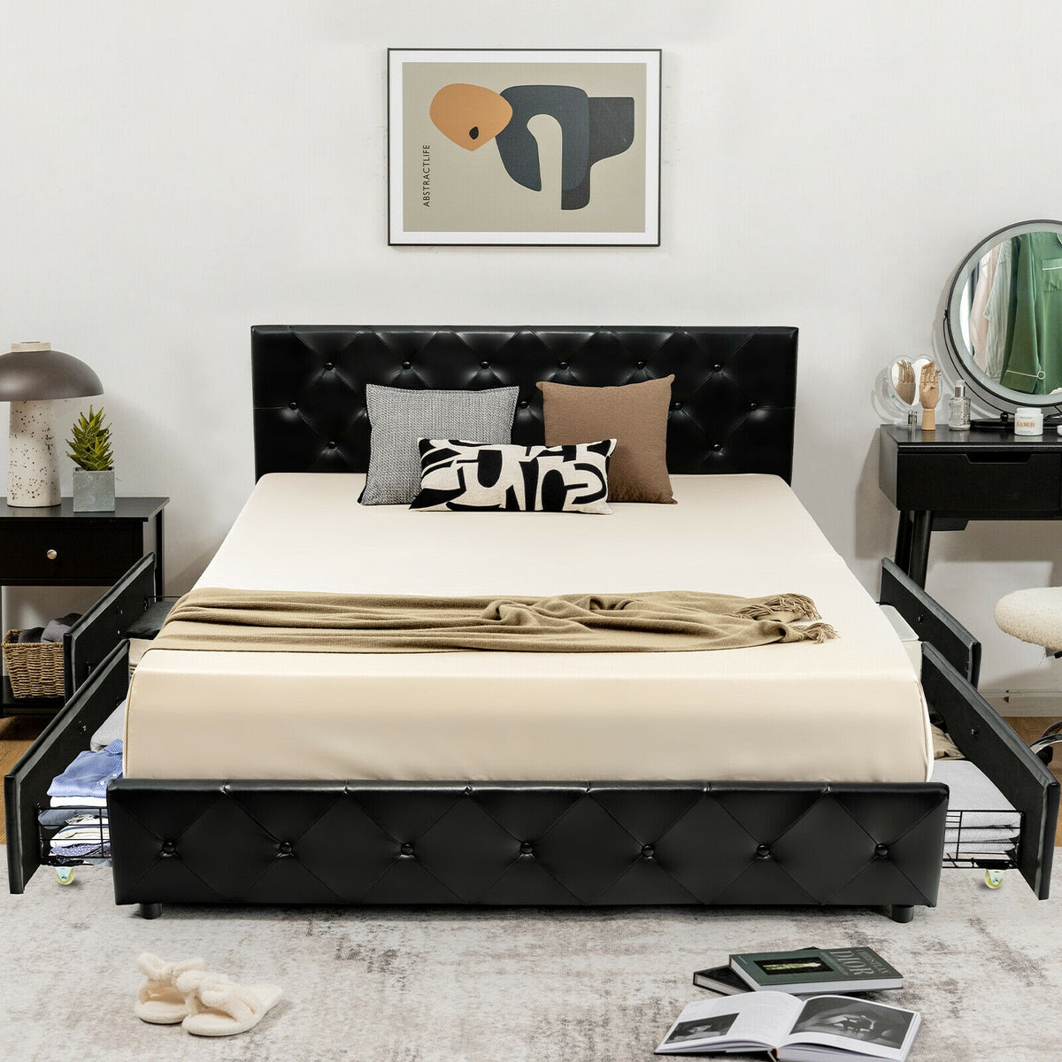 Full/Queen PU Leather Upholstered Platform Bed with 4 Drawers-Full Size-Simple Bed Frame-DECOROLALA