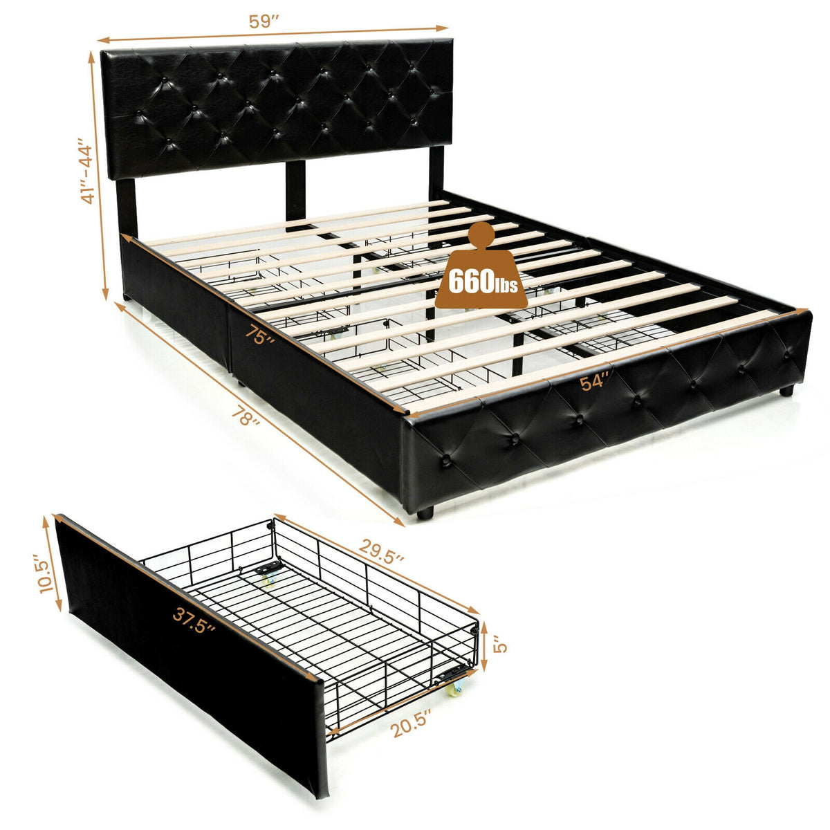 Full/Queen PU Leather Upholstered Platform Bed with 4 Drawers-Full Size-Simple Bed Frame-DECOROLALA