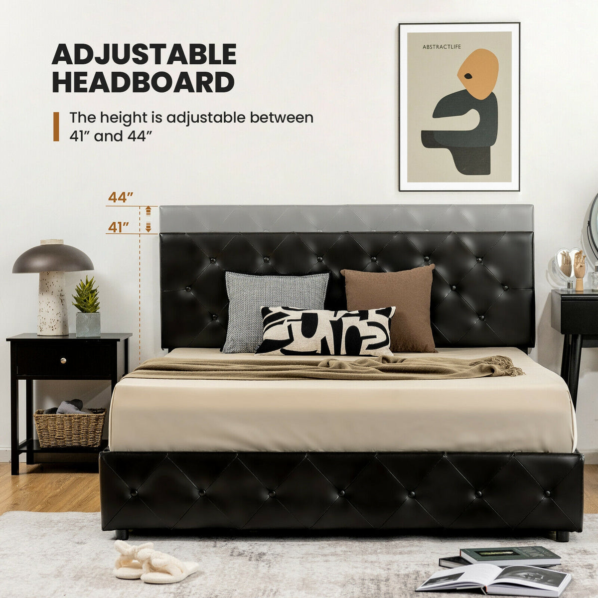 Full/Queen PU Leather Upholstered Platform Bed with 4 Drawers-Full Size-Simple Bed Frame-DECOROLALA