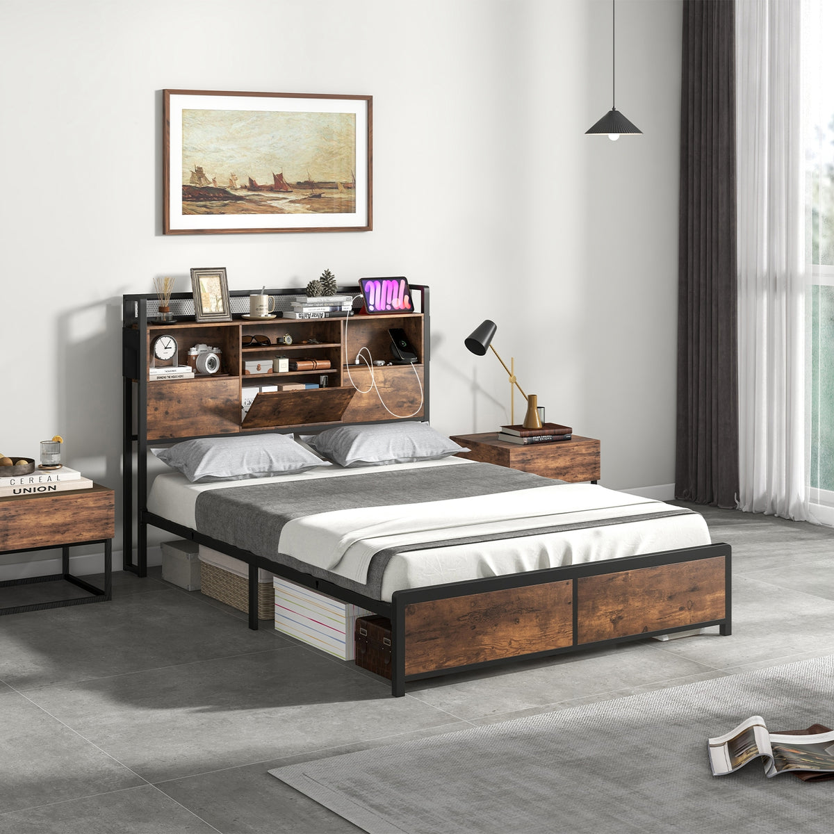 Full/Queen Size Bed Frame with 3-Tier Bookcase Headboard and Charging Station-Full Size-Simple Bed Frame-DECOROLALA