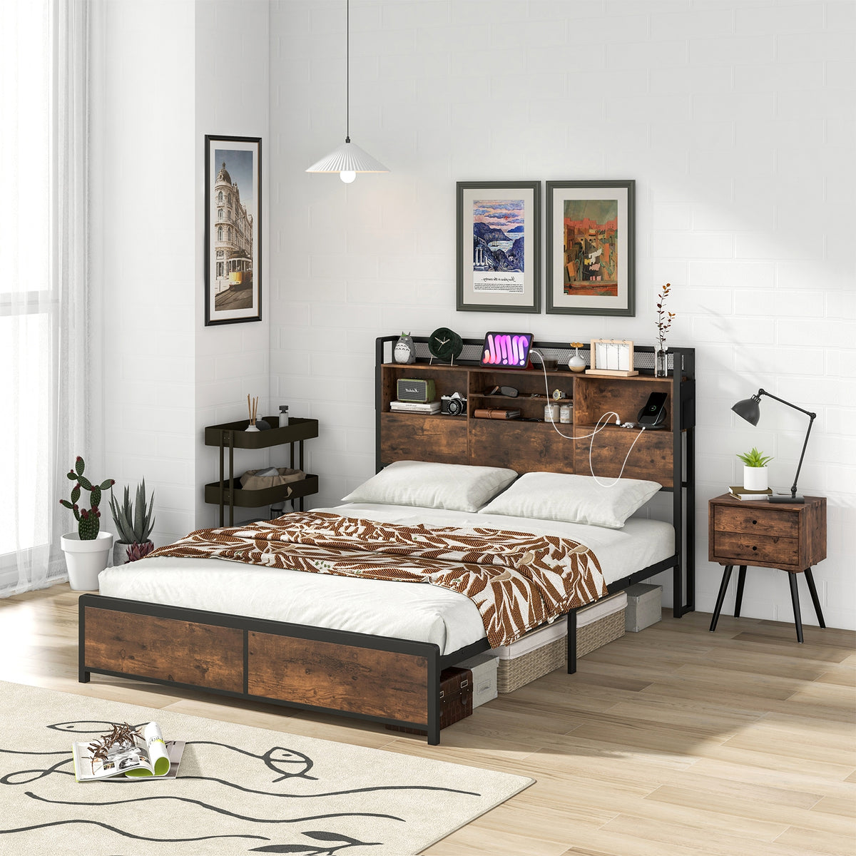 Full/Queen Size Bed Frame with 3-Tier Bookcase Headboard and Charging Station-Full Size-Simple Bed Frame-DECOROLALA