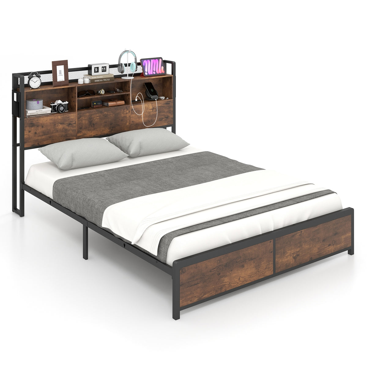 Full/Queen Size Bed Frame with 3-Tier Bookcase Headboard and Charging Station-Full Size-Simple Bed Frame-DECOROLALA