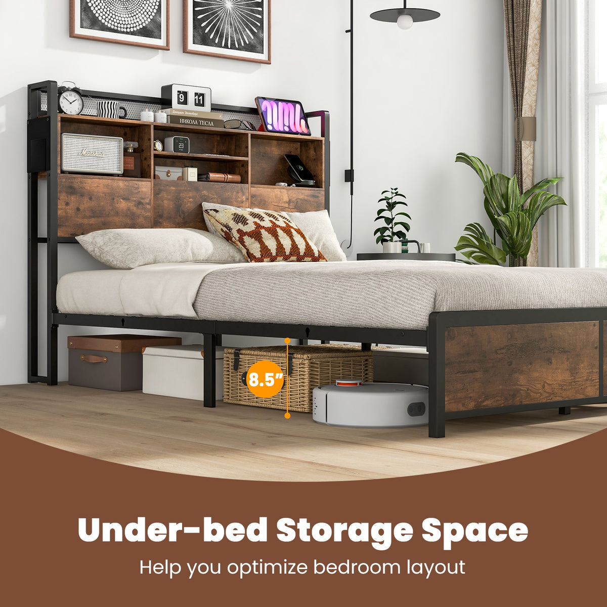 Full/Queen Size Bed Frame with 3-Tier Bookcase Headboard and Charging Station-Full Size-Simple Bed Frame-DECOROLALA