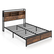 Full/Queen Size Bed Frame with 3-Tier Bookcase Headboard and Charging Station-Full Size-Simple Bed Frame-DECOROLALA