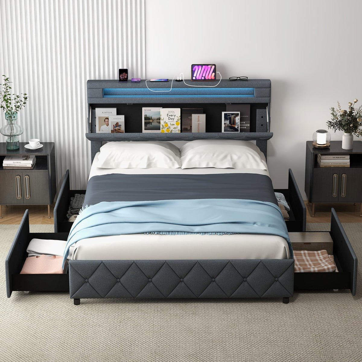 Full/Queen Size Bed Frame with Adjustable Storage Headboard and Wooden Slat Support-Full-Simple Bed Frame-DECOROLALA