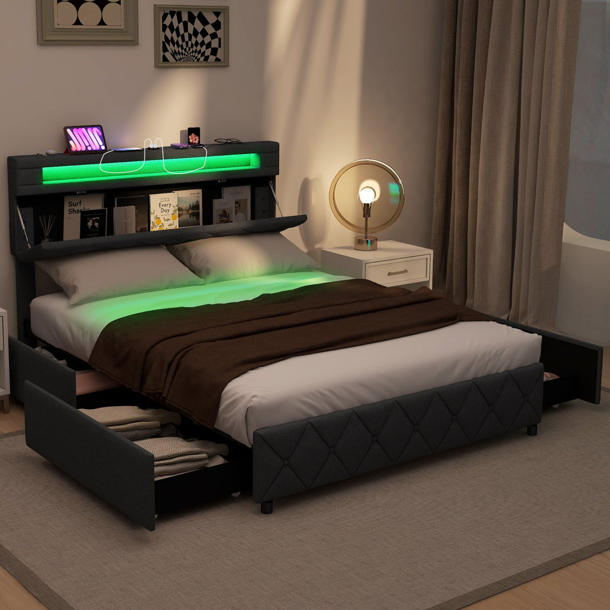 Full/Queen Size Bed Frame with Adjustable Storage Headboard and Wooden Slat Support-Full-Simple Bed Frame-DECOROLALA