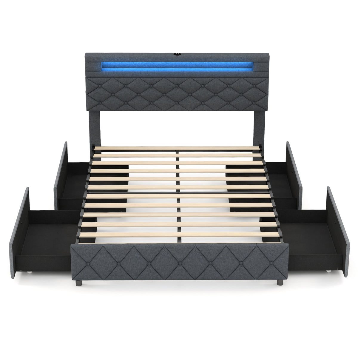 Full/Queen Size Bed Frame with Adjustable Storage Headboard and Wooden Slat Support-Full-Simple Bed Frame-DECOROLALA