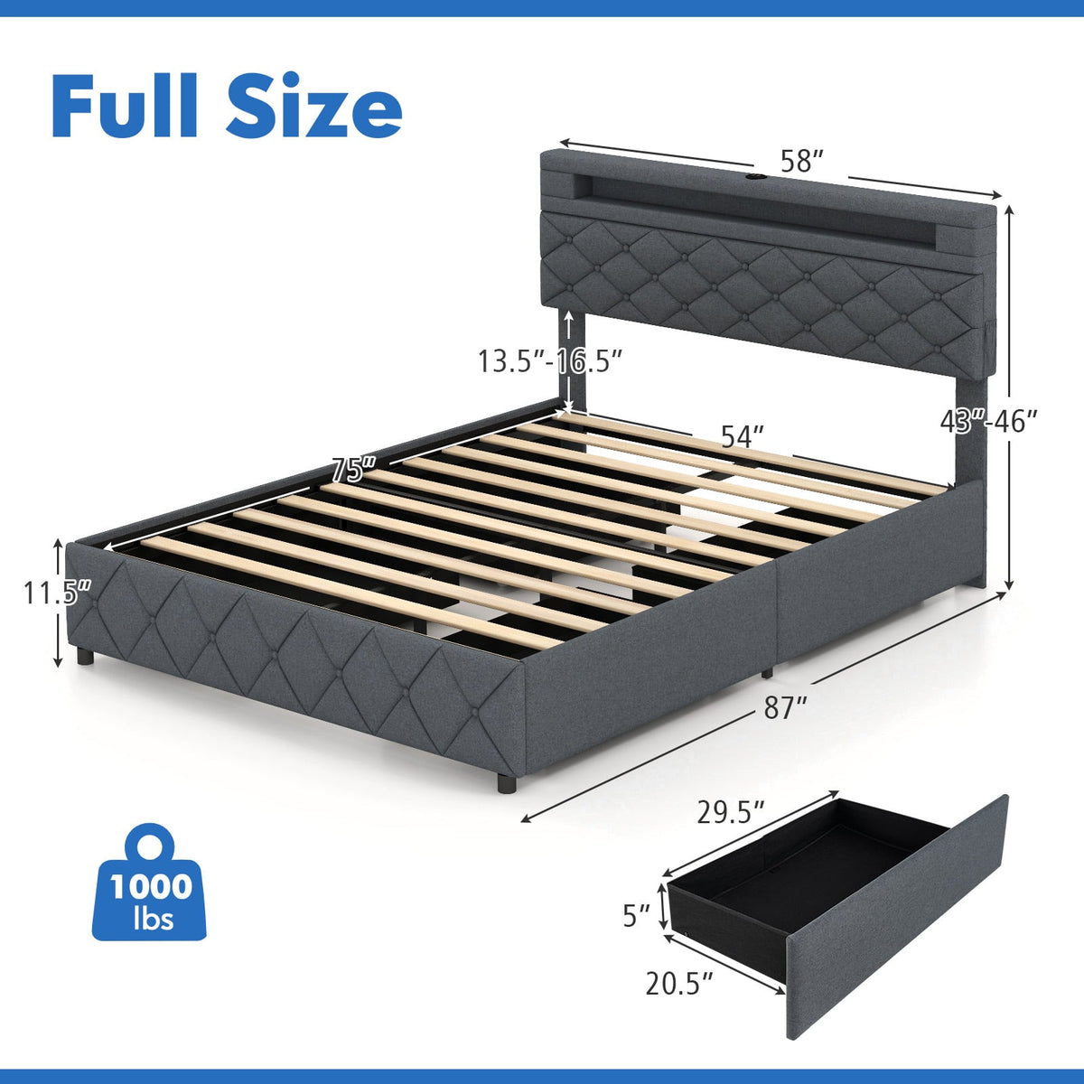 Full/Queen Size Bed Frame with Adjustable Storage Headboard and Wooden Slat Support-Full-Simple Bed Frame-DECOROLALA