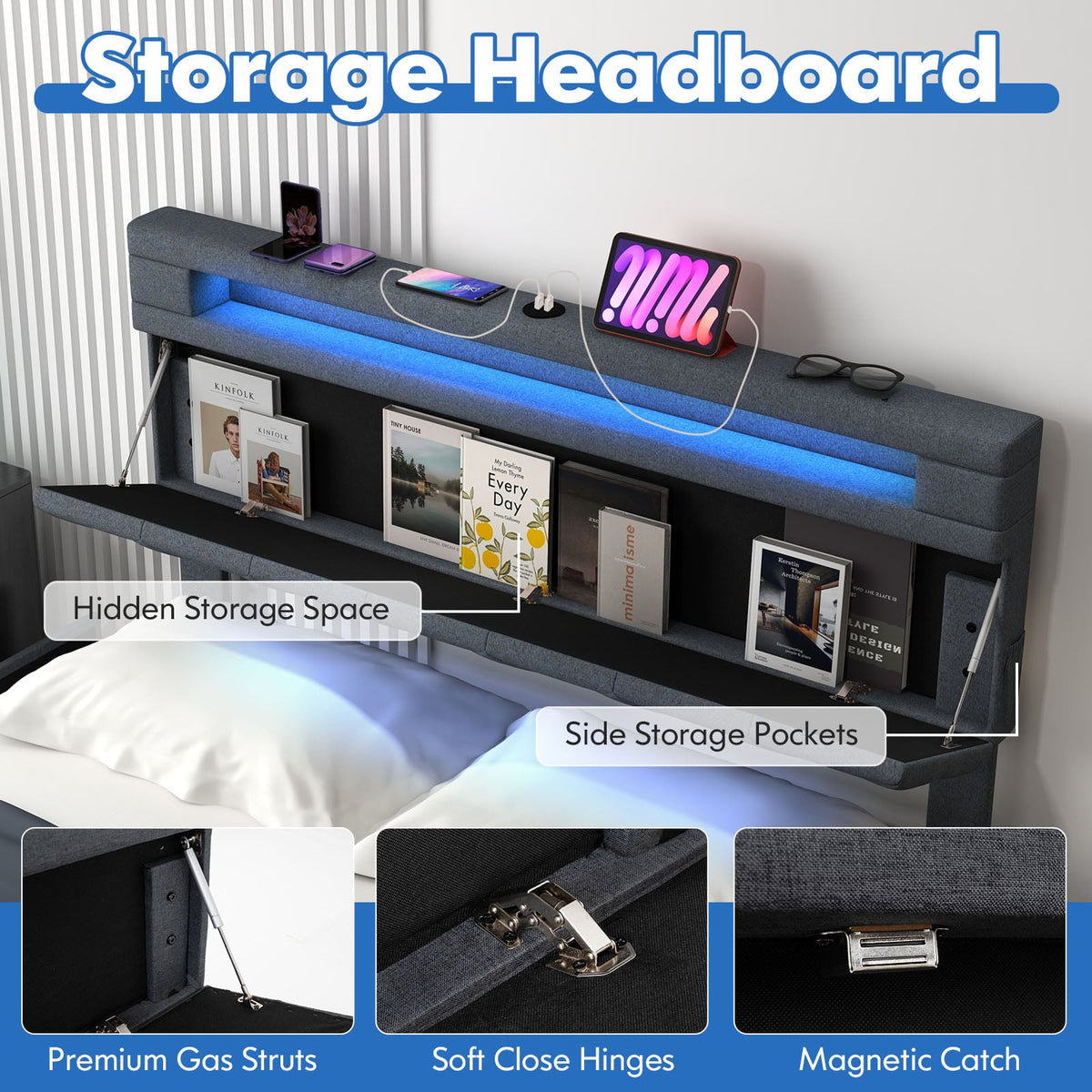 Full/Queen Size Bed Frame with Adjustable Storage Headboard and Wooden Slat Support-Full-Simple Bed Frame-DECOROLALA